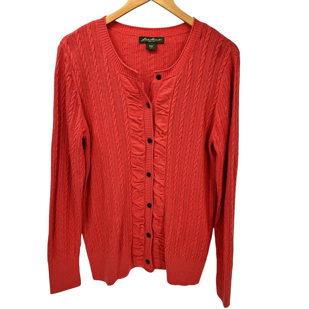 Eddie Bauer Sweater Womens Large Pink Coastal‎ Button Up Cardigan Cable Knit